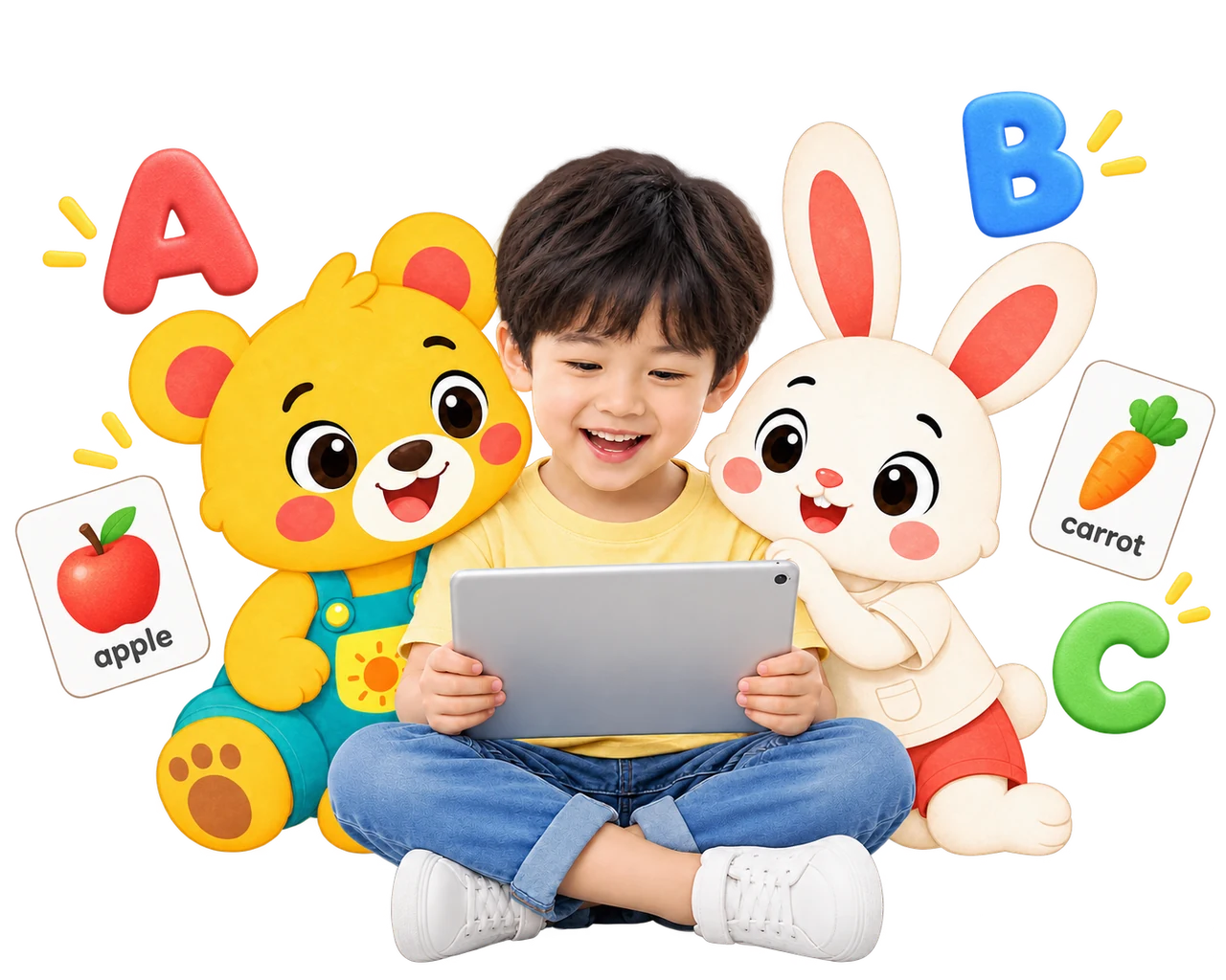 小男孩和小熊、小兔一起使用iPad,身边漂浮着ABC字母与苹果、胡萝卜单词卡